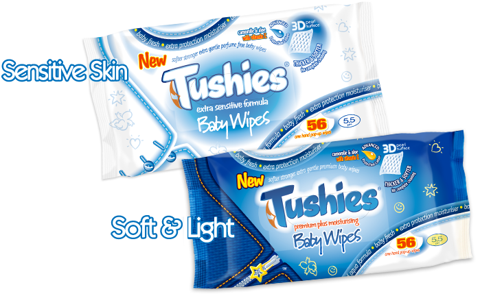 Tushies sensitive formula and premium moisturising baby wipes